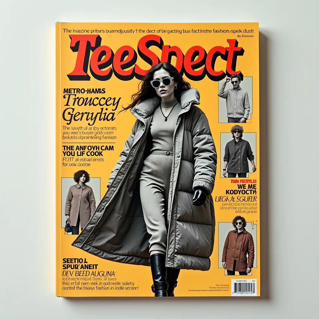 Prompt: A retro futuristic fashion magazine with text name "TeeSpect" and other fashion topics on the cover