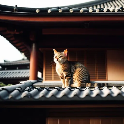 Prompt: a cat sitting on a roof of a japanese house