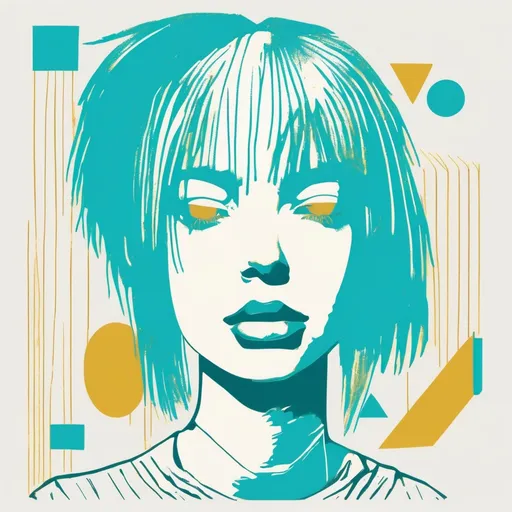 Prompt: Risograph punk-girl in cyan,gold and silver, hand drawn texture, simple,minimalist shapes flat colors.