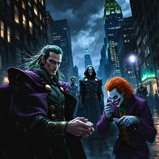Prompt: Draw Marvel comics villains vs. DC comics villains on a dark rainy night of NYC meting