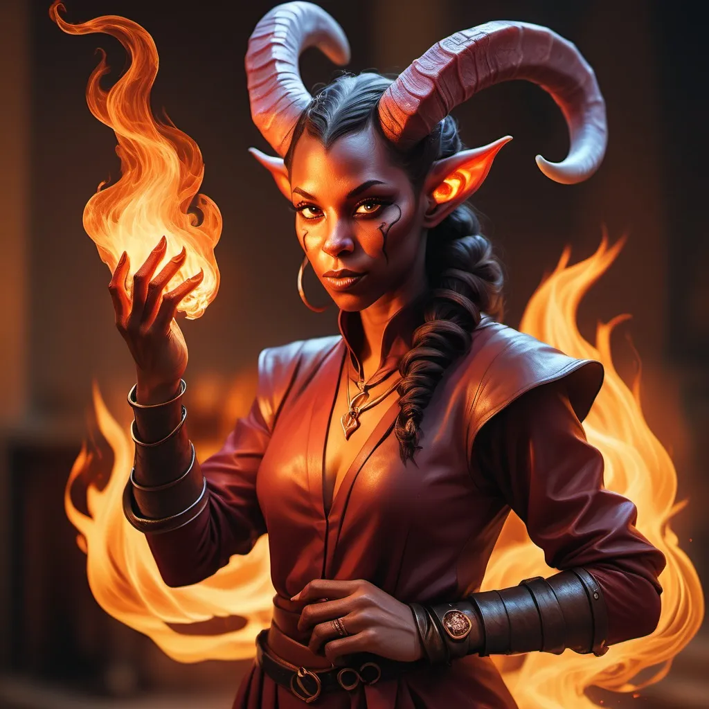 Prompt: hyper-realistic Tiefling character with fire hands, fantasy character art, illustration, dnd, warm tone