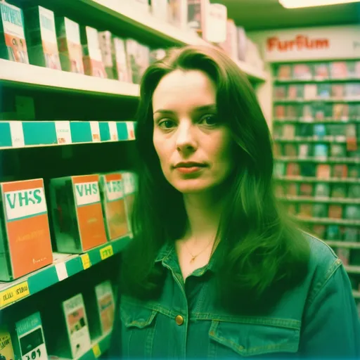 Prompt: Analog film photography still, portrait of a woman in a VHS store, grainy fujifilm film, anaglyph effect