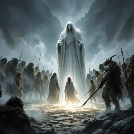 Prompt: On the left side Gandalf the White looks with anger to Saruman on the right side, who looks back  in anger. Underneah Gandalf there  is Frodo in the middle, left side of him stays Aragorn, Legolas and Gimli; right side of him stays Sam, Merry and Pippin. Underneath Saruman there are three Uruk-Hai's and 3 orc warriors. On the middle of screen, the tower of Sauron can be seen