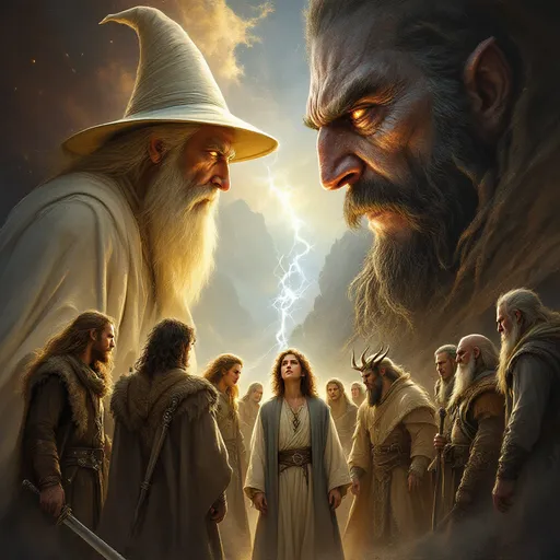 Prompt: On the left side Gandalf the White looks with anger to Saruman on the right side, who looks back  in anger. Underneah Gandalf there  is Frodo in the middle, left side of him stays Aragorn, Legolas and Gimli; right side of him stays Sam, Merry and Pippin. Underneath Saruman there are three Uruk-Hai's and 3 orc warriors. On the middle of screen, the tower of Sauron can be seen
