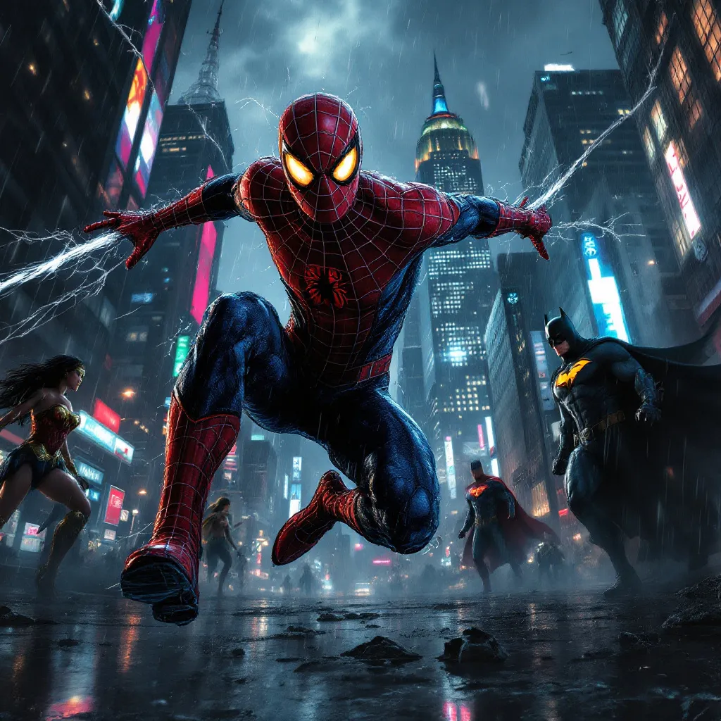 Prompt: Draw Marvel comics heroes vs. DC comics heroes on a dark rainy night of NYC fighting brutally