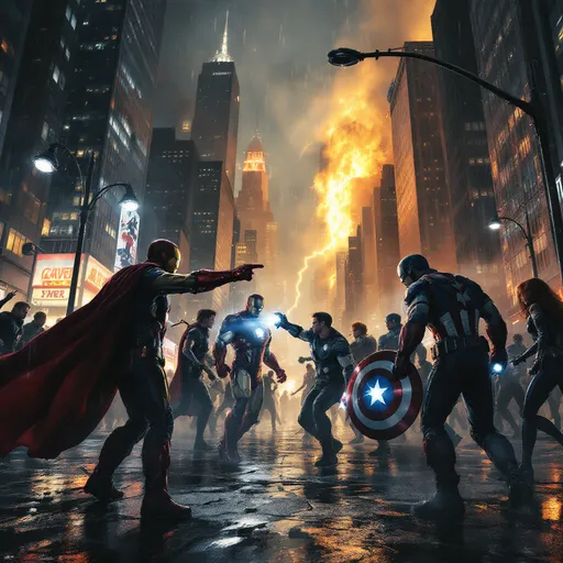 Prompt: Draw Marvel comics heroes vs. DC comics heroes on a dark rainy night of NYC fighting brutally