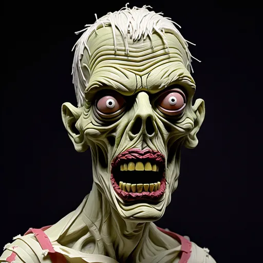 Prompt: 22th c painted carved zombie, woven/perforated, soft sculpture, creased wrinkled, stop-motion animation