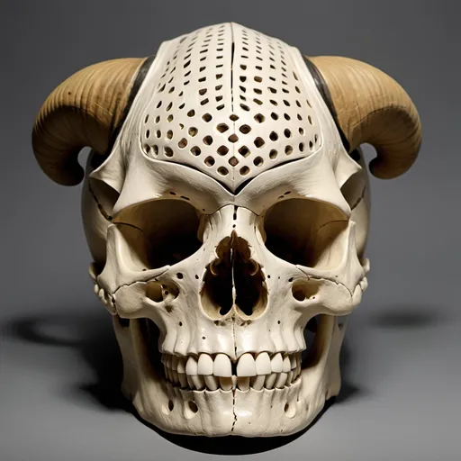 Prompt: 5th c horned skull, woven/perforated, soft sculpture, creased wrinkled