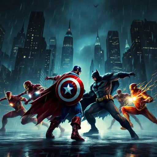 Prompt: Draw Marvel comics heroes vs. DC comics heroes on a dark rainy night of NYC fighting brutally