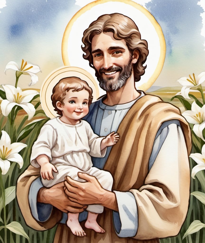 Prompt: Young Handsome strong Saint joseph holding the child jesus giving a blessing and smiling together both should have halos and be standing outside with texas fields in the background and white lillies in a watercolor style