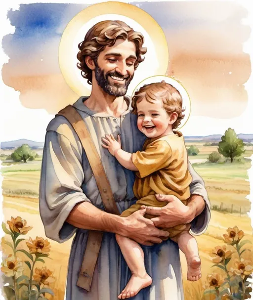 Prompt: Young Handsome strong Saint joseph holding the child jesus and laughing together both should have halos and be standing outside with texas fields in the background in a watercolor style