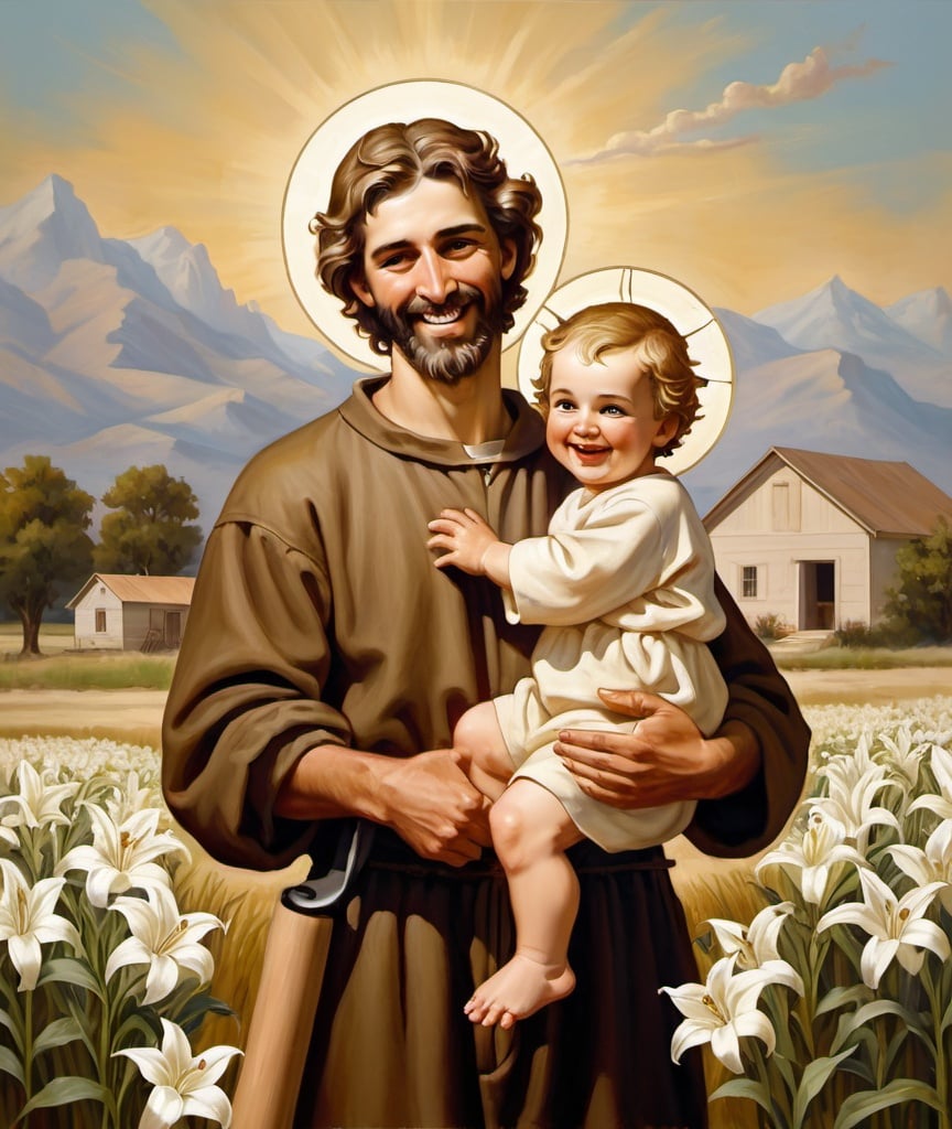 Prompt: Young Handsome strong Saint joseph holding the child jesus and laughing together both should have halos and be standing outside with carpenters tools with texas fields in the background and white lillies in an oil painting style