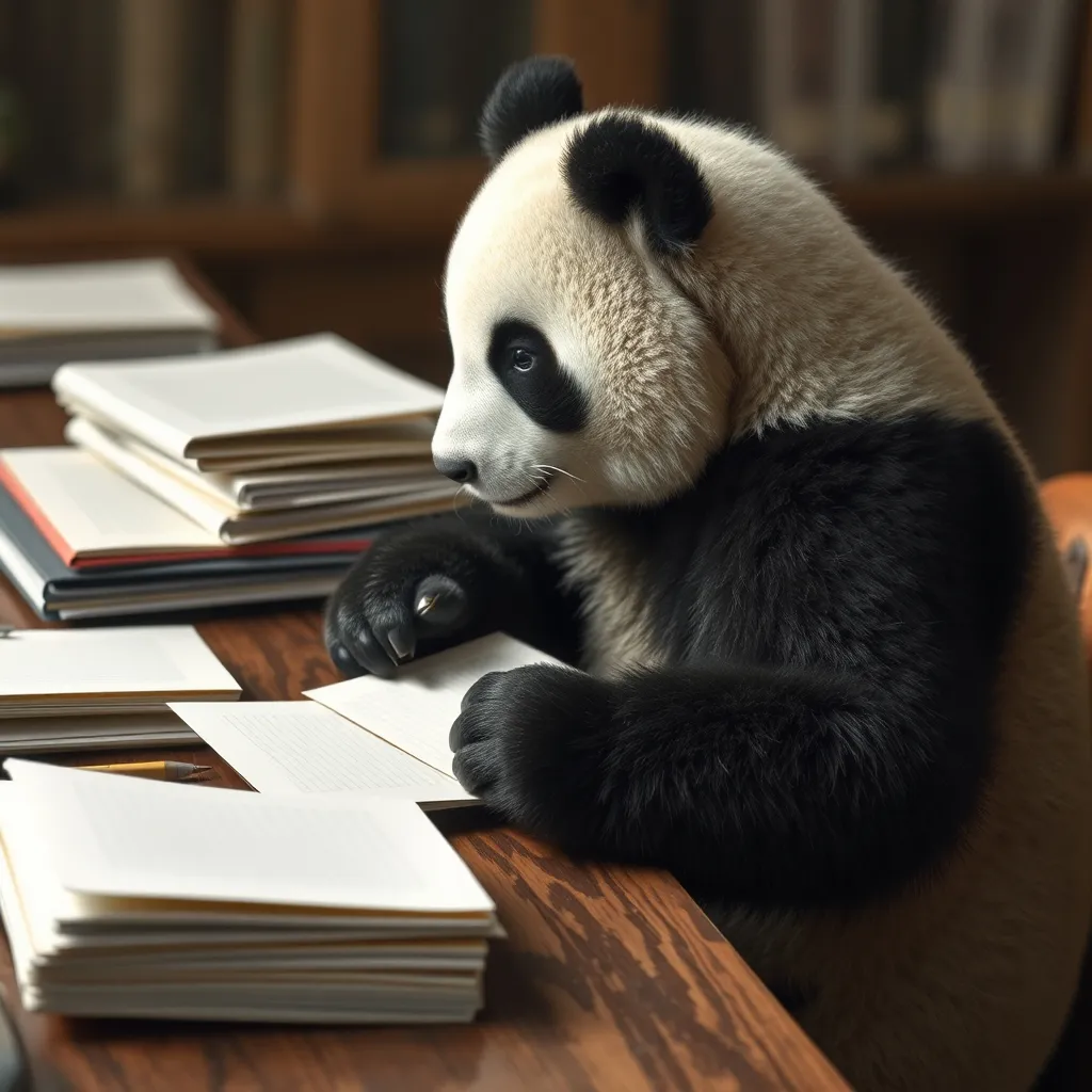 Prompt: Photorealistic panda is sitting at the table, there is a pile of notebooks on the table, the panda is folding paper and makeing handmade notebook