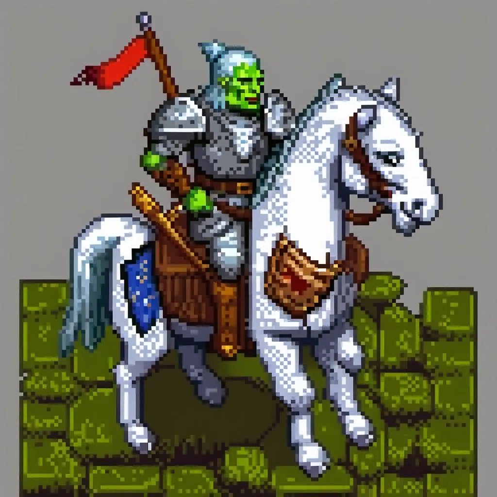 Prompt: Create a knight who riding horse, race orcs, with lance and look like a general. Using long spear, white horse, carry a flag at his back.