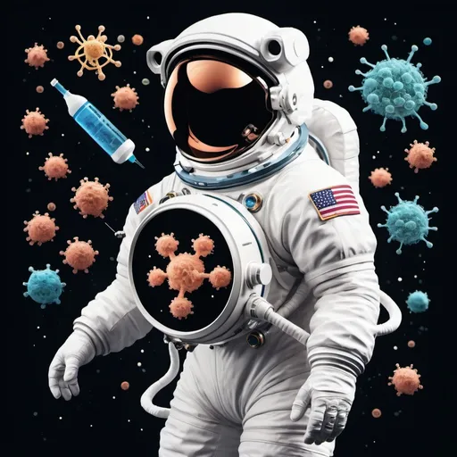 Prompt: Create an image of an astronaut with microbes and dna molecules in an inspiring conclusion
