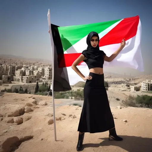 Prompt: 
model holding palestine flag standing above israel