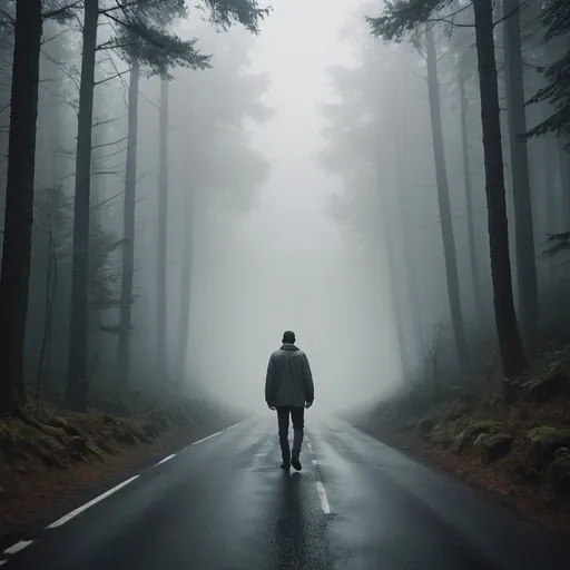 Prompt: man surounded in fog in the middle of the road to a dense and dark forest