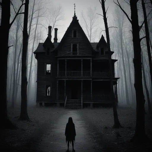 Prompt: horor place in a black wood with creepy  human