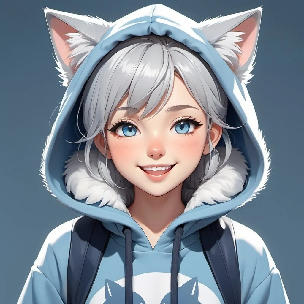 Prompt: Anime illustration of a girl with a cat-themed hoodie, grey hair, blue eyes, standing in a confident pose, smiling with open mouth, cool-toned color palette, detailed fur with reflections, cat tail and ears, professional artistic style, high quality, anime, cool tones, detailed eyes, confident pose, cat-themed hoodie, grey hair, blue eyes