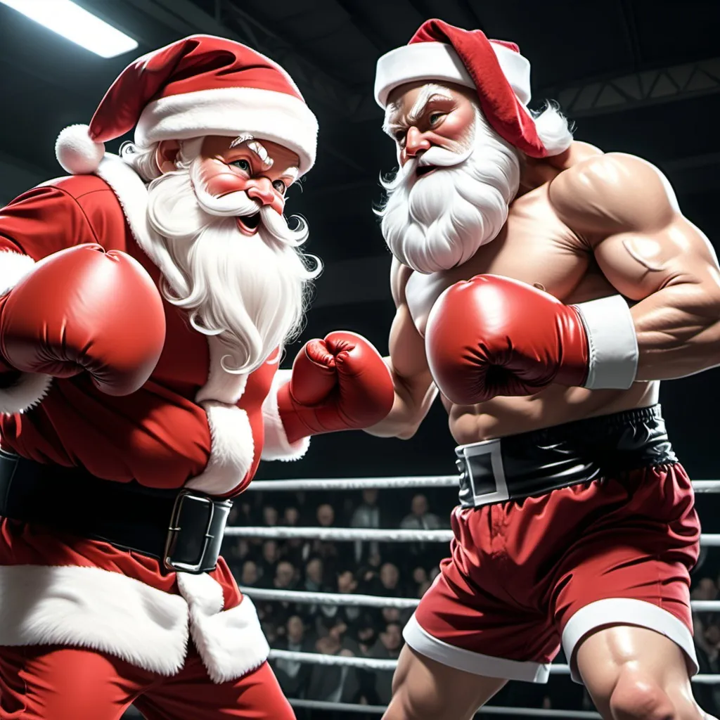 Prompt: Santa Claus in a boxing match against the Easter Bunny, in the style of anime