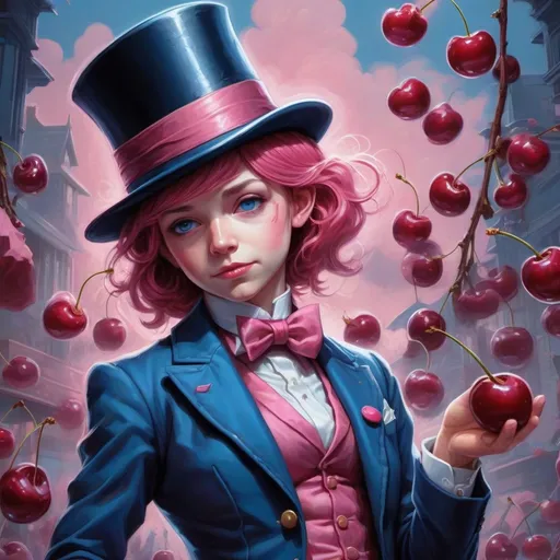 Prompt: cherry jam, indie pink, in blue suit and tophat, by craig davison and dan mumford, highly detailed, fantasy, elegant, very attractive, beautiful poster, 4k, 3d, pristine hdr, patchwork, 2mp