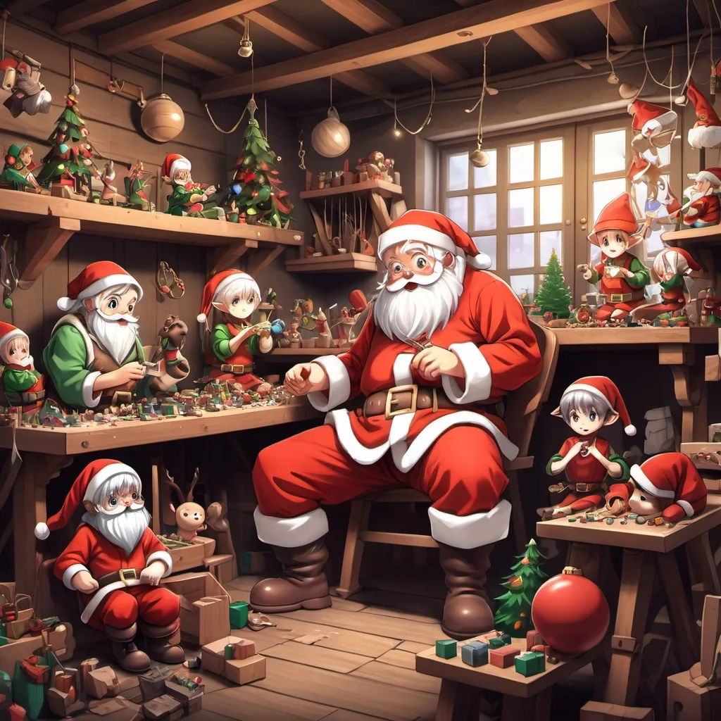 Prompt: Santa Claus in his workshop with elves making toys, in the style of anime