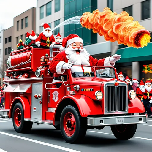 Prompt: Santa Claus driving a fire truck in a holiday parade, in the style of anime