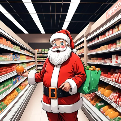 Prompt: Santa Claus shopping in a grocery store, in the style of anime