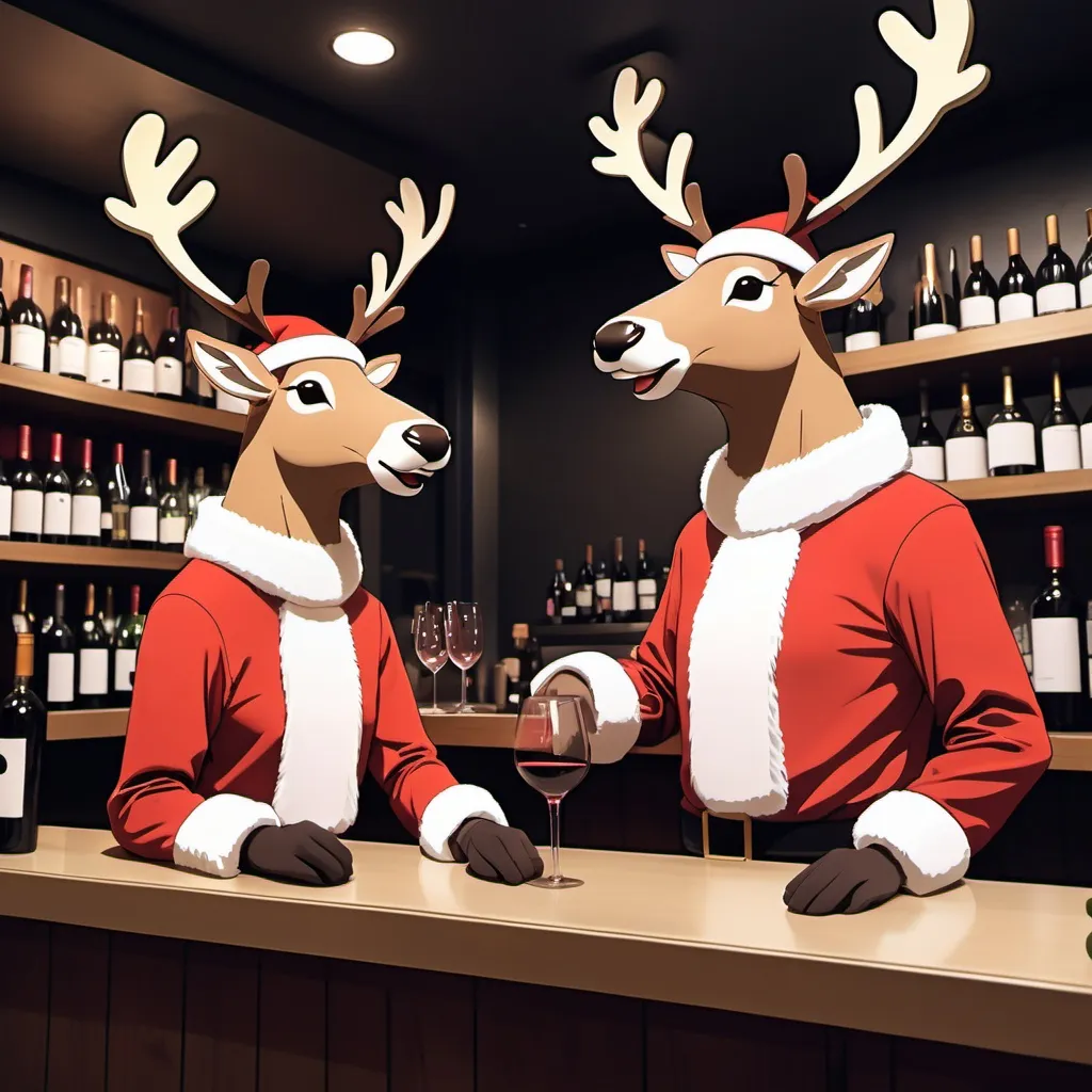 Prompt: Two Reindeer wearing Santa hats serving behind the counter of a wine bar at Christmas night, in the style of anime