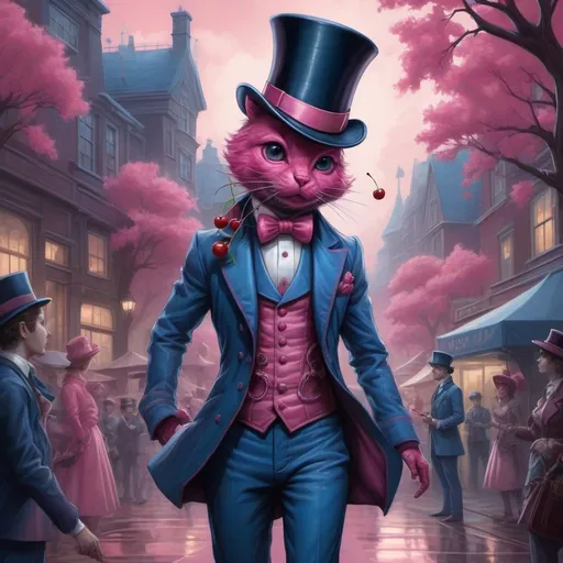 Prompt: cherry jam, indie pink, in blue suit and tophat, by craig davison and dan mumford, highly detailed, fantasy, elegant, very attractive, beautiful poster, 4k, 3d, pristine hdr, patchwork, 2mp