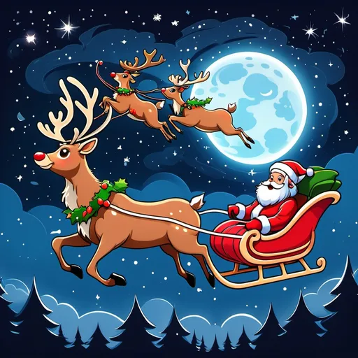 Prompt: Santa and reindeer sleigh flying in the night sky, in the style of anime