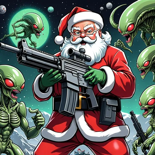 Prompt: Santa Claus holding a machine gun fighting aliens, in the style of anime