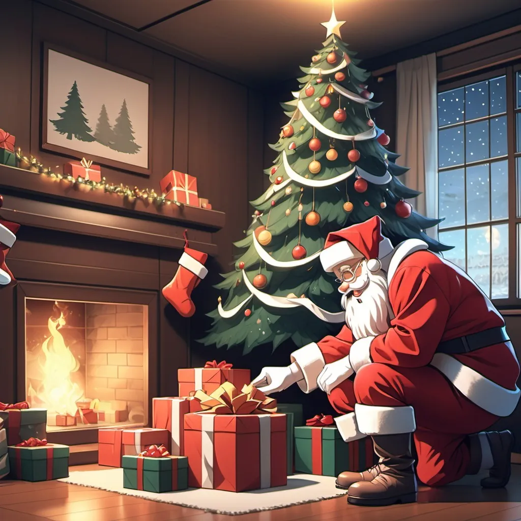 Prompt: Santa Claus putting presents under a christmas tree, in the style of anime