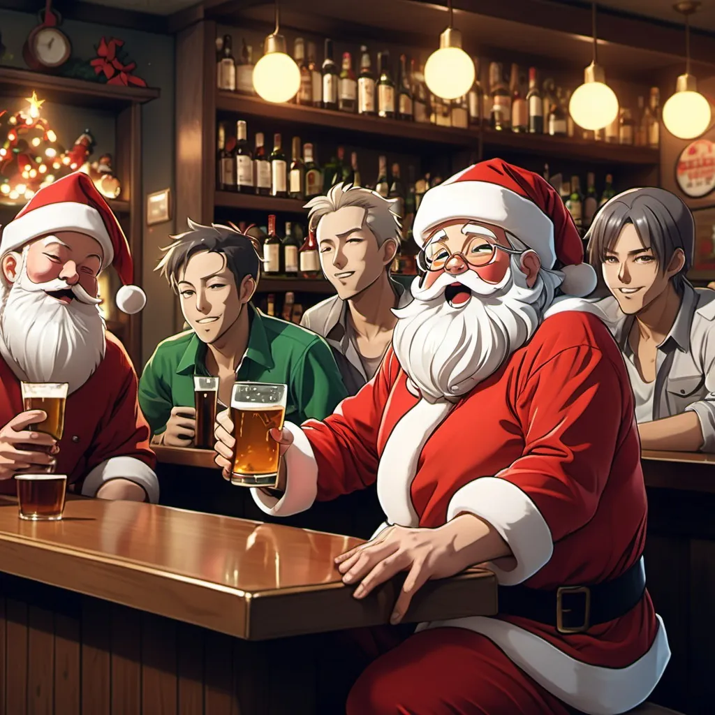 Prompt: Santa Claus sitting in a bar on Christmas Eve getting drunk with several friends, in the style of anime