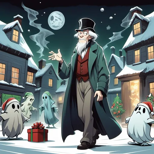 Prompt: ebenezer scrooge surrounded by the ghost of christmas past the ghost of christmas present and the ghost of christmas future, in the style of anime