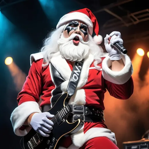 Prompt: Santa Claus on stage as the lead singer of the rock band KISS, in the style of anime