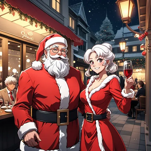 Prompt: Santa Claus taking Mrs Claus out on a date to a fancy restaurant, in the style of anime