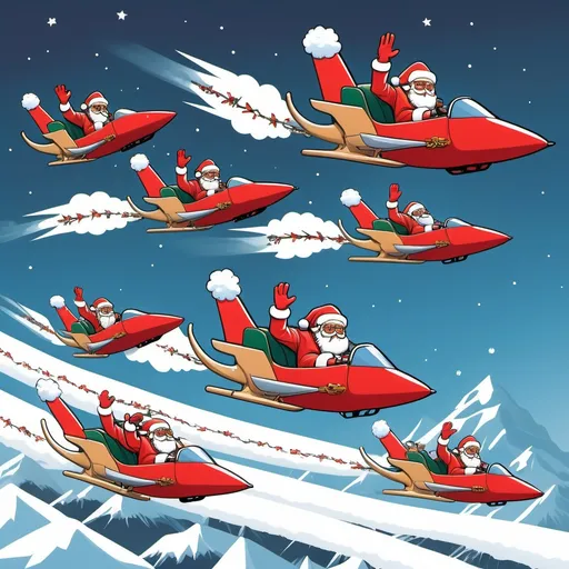 Prompt: Santa Claus flying in his sleigh being pulled through the air by eight reindeer while being escorted by two F-14 Tomcats, in the style of anime
