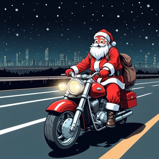 Prompt: Santa Claus riding a motorcycle down the highway at night, in the style of anime