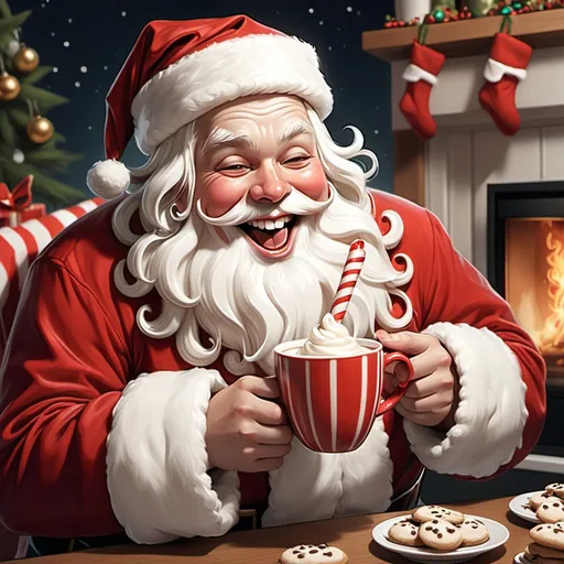 Prompt: laughing Santa (((wearing striped pajamas))) on Christmas having a cookie and hot chocolate with whipped cream on top, in the style of anime