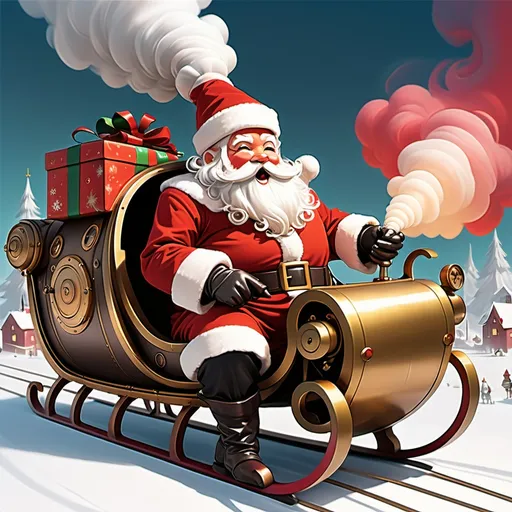 Prompt: (Santa Claus) riding his brightly colored (steampunk sleigh), large boiler with clouds of steam rising, (brass accents), adorned in red and white, bursting with (wrapped Christmas packages), whimsical holiday atmosphere, in the style of anime