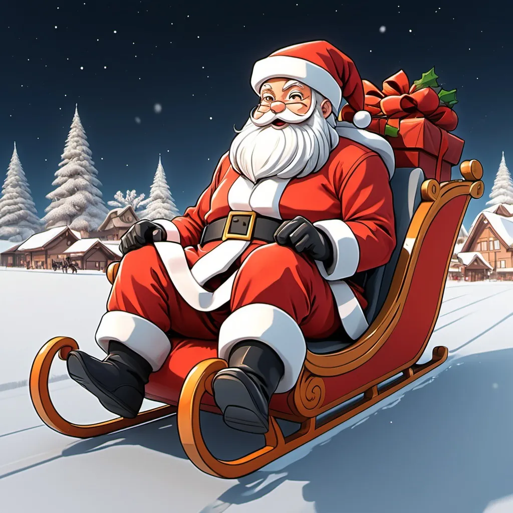 Prompt: Santa Claus on his sleigh, in the style of anime