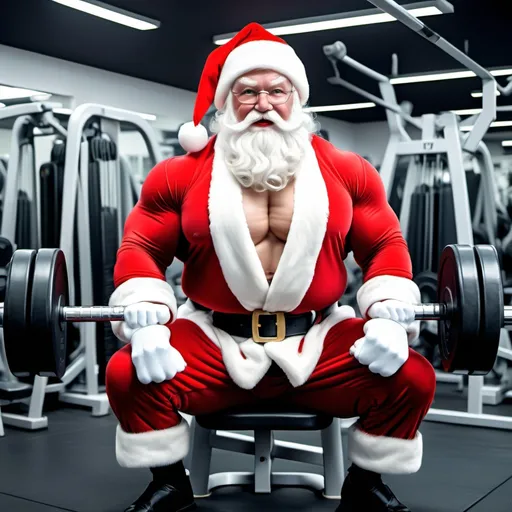 Prompt: Santa Clause at the gym pumping iron, in the style of anime