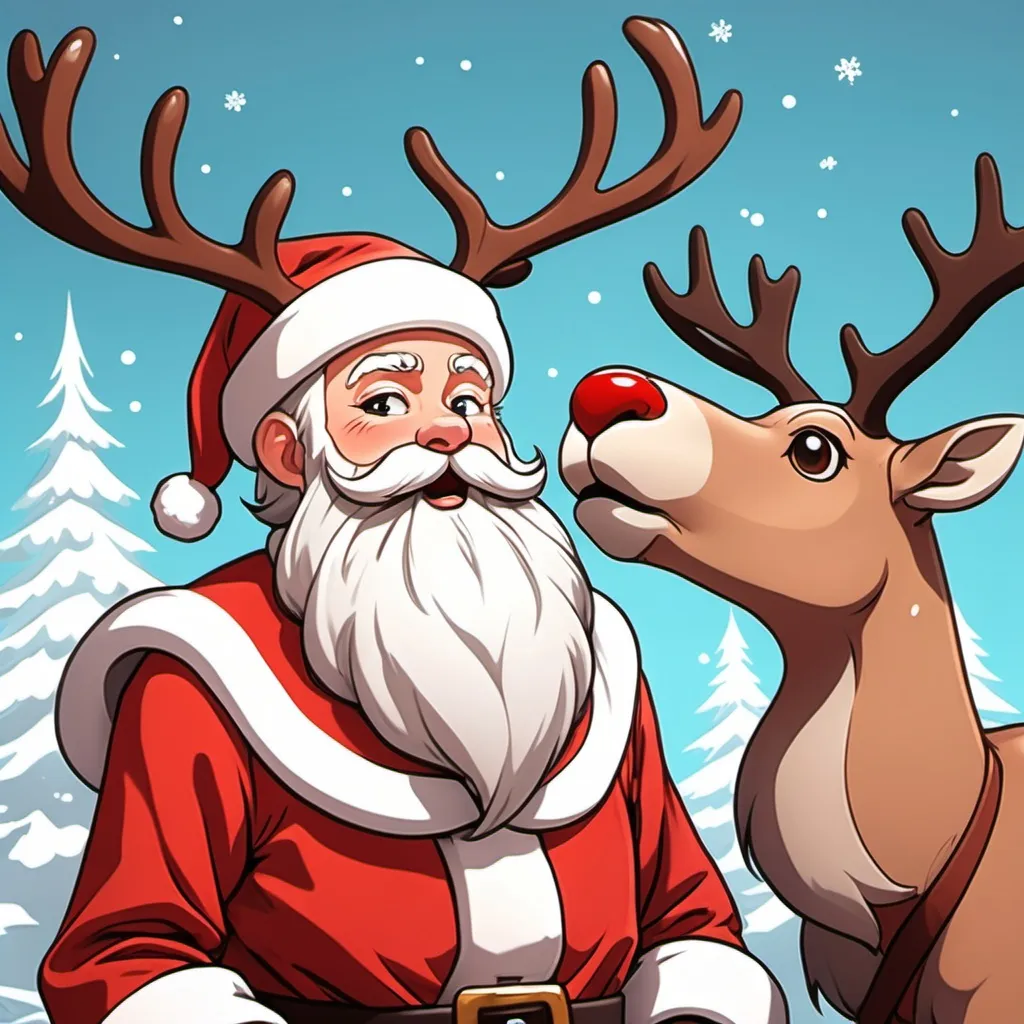 Prompt: Santa Claus with the reindeer, in the style of anime