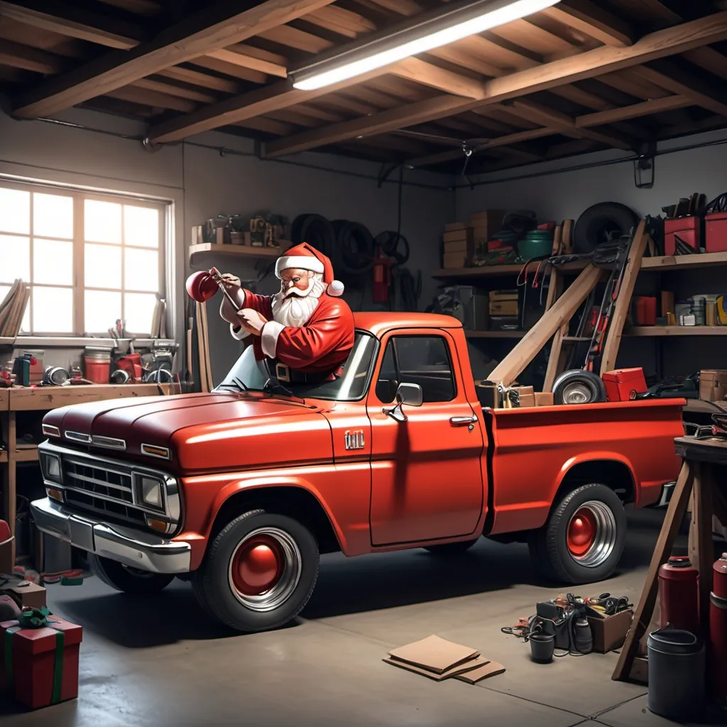 Prompt: Santa Claus working on his old pickup truck in a garage, in the style of anime