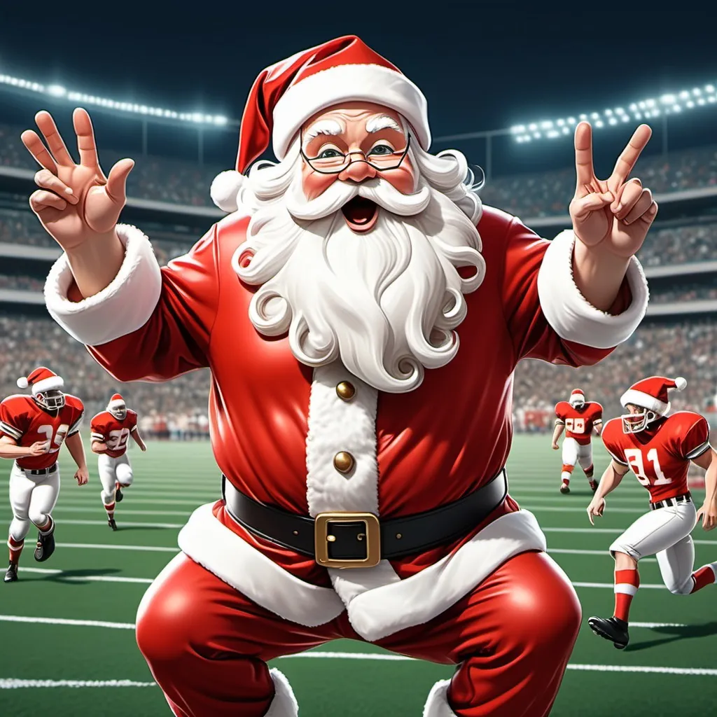 Prompt: Santa Claus making the winning touchdown at a football game, in the style of anime