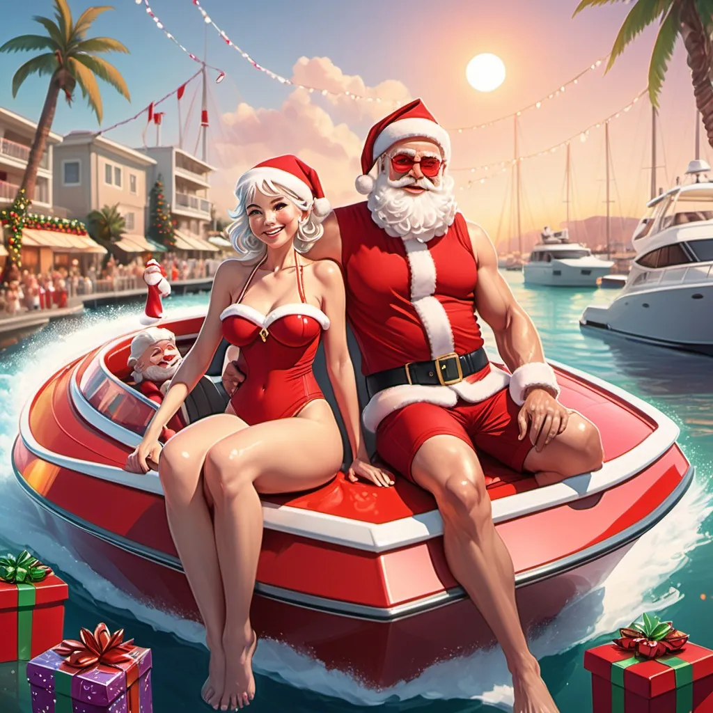 Prompt: Santa Claus in red swim trunks sitting next to a beautiful platinum haired Mrs. Santa Claus in a red swimsuit sitting in a big red speedboat decorated with garlands ornaments and colored lights and overflowing with wrapped Christmas presents, Santa is driving the boat in a sunny California marina, in the style of anime