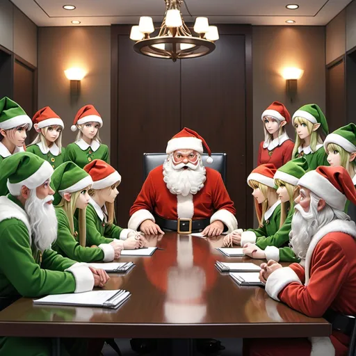 Prompt: Santa Claus at the head of the table at a board meeting with the elves, in the style of anime