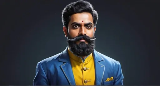 Prompt: a painting of a man with a beard and mustache in a blue outfit with a yellow outfit and a black mustache, Bholekar Srihari, samikshavad, concept design, a digital rendering