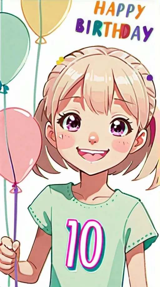 Prompt: Birthday card, 10 year old , girl, cheerful, anime, pastel tones